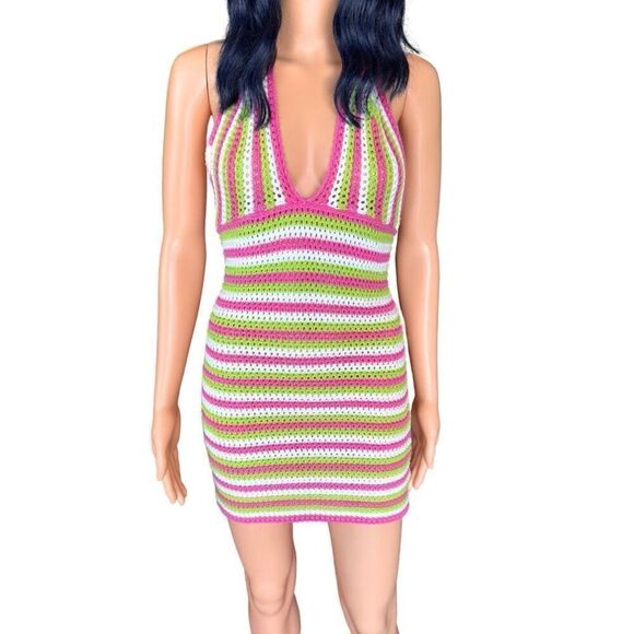 Double Zero Pink Colorful Crochet Halter Mini Dress Size Small Medium Festival - Picture 2 of 6